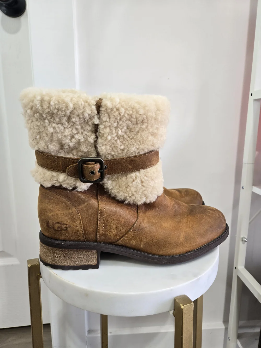UGG Women's Chestnut Brown Leather Shearling Cuff Buckle Boots